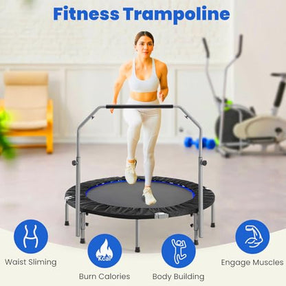 48" Foldable Mini Trampoline for Kids & Adults, Fitness Rebounder with 5-Level Adjustable Foam Handle, Max Load 450 lbs, Indoor/Outdoor Exercise Trampoline for Home Workouts (Silver)