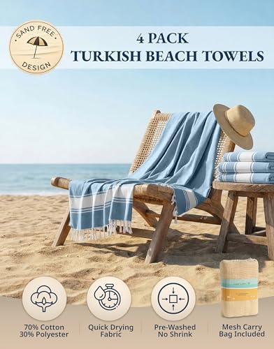 LANE LINEN Beach Towel 4 Pack, Oversized Beach Towels for Adults - Sky Blue - color: 03: Sky Blue, size: Pack of 4