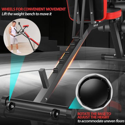 OPPSDECOR Adjustable Weight Bench with Leg Extension and Leg Curl, 800 LBS Heavy Duty Workout Bench for Home Gym, Preacher Curl Bench with Wheels, Flat Incline Decline Exercise Bench for Full Body