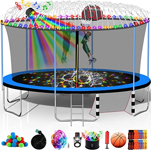 10 12 14 16ft Trampoline with Sprinkler, Lights, Water Ball, Socks, 1500LBS Outdoor Trampoline for Kids and Adults, ASTM Approved, Recreational Trampolines with Basketball Hoop, Enclosure Net