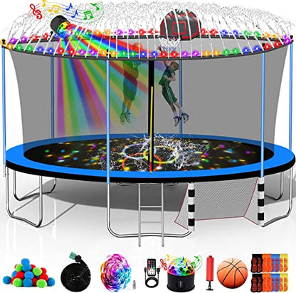 10 12 14 16ft Trampoline with Sprinkler, Lights, Water Ball, Socks, 1500LBS Outdoor Trampoline for Kids and Adults, ASTM Approved, Recreational Trampolines with Basketball Hoop, Enclosure Net