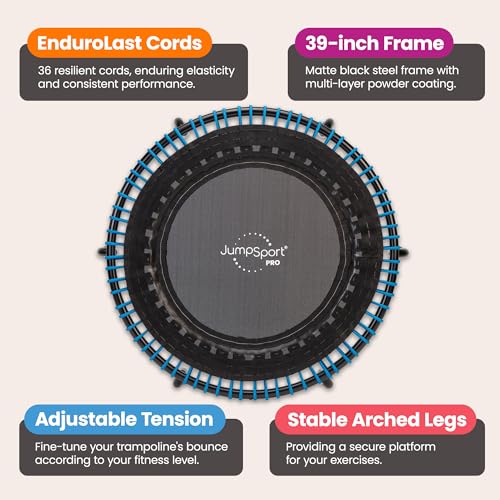 JumpSport 350 PRO 39 Inch Fitness Trampoline Indoor Rebounder Cardio Workout Equipment 300 lb Capacity - color: Black/Blue