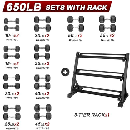 Ritfit 5-650 LBS PVC Encased Hex Dumbbell Sets with Optional Rack for Home Gym, Hand weight with Chrome Handle for Strength Training,Workouts - style: (10+15+20+25+30+35+40+45+50+55)650LBS SET