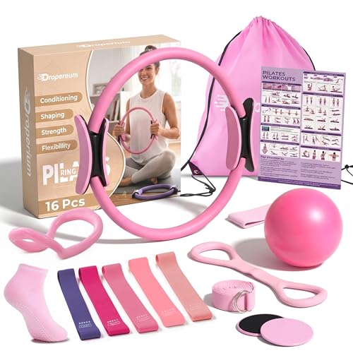 Pilates Kit for Women, 16PCS Home Pilates Workout Kit for Beginners, Pilates Ring Set with Exercise Ball, Resistance Bands, Stretch Strap & Accessories, Full Body Fitness Equipment for Home Gym,Travel - color: Pink
