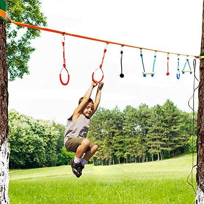 50FT Jungle Gym Ninja Warrior Training Equipment Hanging Monkey Bar, Adjust Kids Adults Obstacles Course Backyard Playground Trapeze Playset- Climb Rope Ladder, Wood Swing Bar, Ninja Ring, Monkey Fist