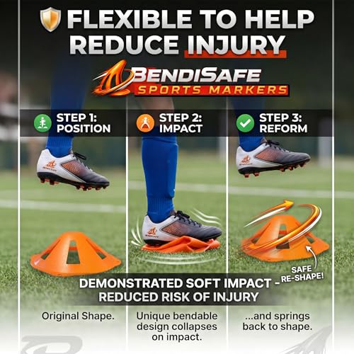 Soccer Training Discs Set of 12 - Flexible Agility Marker Discs for Soccer, Football & Basketball Drills- 7” Base and 2.25” Tall – High Visibility Orange Field Marker Cones - Made in USA - BendiSafe