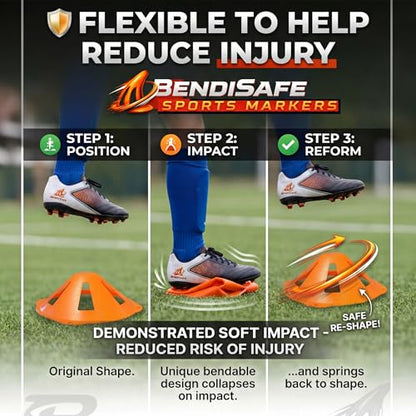 Soccer Training Discs Set of 12 - Flexible Agility Marker Discs for Soccer, Football & Basketball Drills- 7” Base and 2.25” Tall – High Visibility Orange Field Marker Cones - Made in USA - BendiSafe