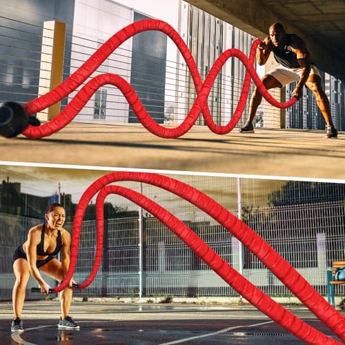 Battle Ropes for Home Gym Exercise - 1.5 Inch Diameter 30FT Red Battle Rope Workout Exercise Training Ropes with Protective Sleeve for Kids Men Women Exercise Fitness & Strength Training
