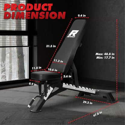 RITFIT Adjustable Weight Bench with Multiple Back Positions for Full Body Workouts, Incline, Decline, and Flat Settings for Home Gym Strength Training, 1300LB Capacity