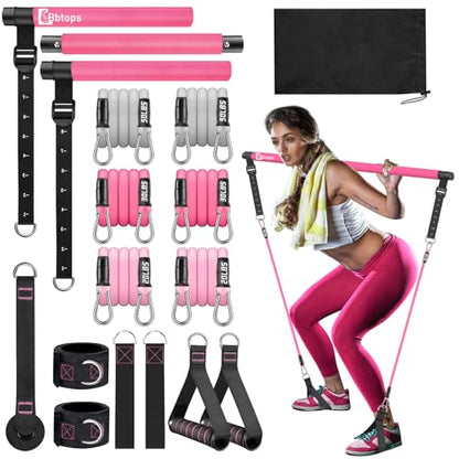 Pilates Bar Kit with Resistance Bands,Pilates Bar with Stackable Bands Workout Equipment for Legs,Hip,Waist and Arm,Exercise Fitness Equipment for Women & Men Home Gym Yoga Pilates - color: Hot Pink