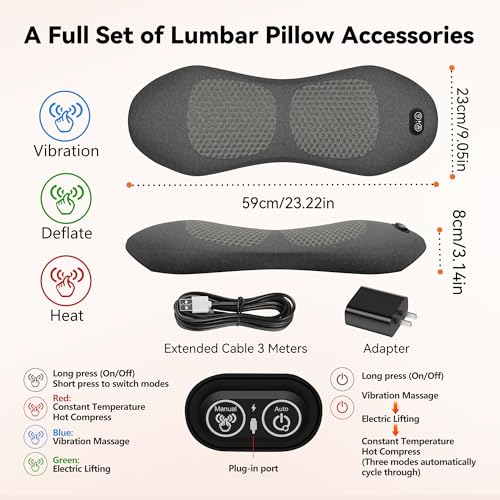 3 in 1 Lumbar Support Pillow,Lower Back Massager with 118-inch USB Cable, Heated & Vibration &Stretching Back Massager For Pain Relief Deep Tissue,Relaxation Lumbar Pillow for Office Home Use