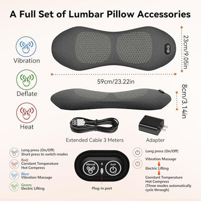 3 in 1 Lumbar Support Pillow,Lower Back Massager with 118-inch USB Cable, Heated & Vibration &Stretching Back Massager For Pain Relief Deep Tissue,Relaxation Lumbar Pillow for Office Home Use
