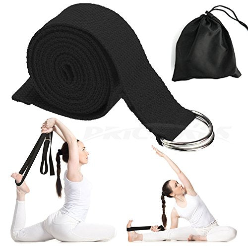 Yoga Strap – Sturdy Cotton Exercise Straps 6FT Straps - Adjustable D-Ring Buckle Gives Stretching Flexibility For Yoga Stretching & General Fitness Physical Therapy Pilates Gym Workouts - color: black