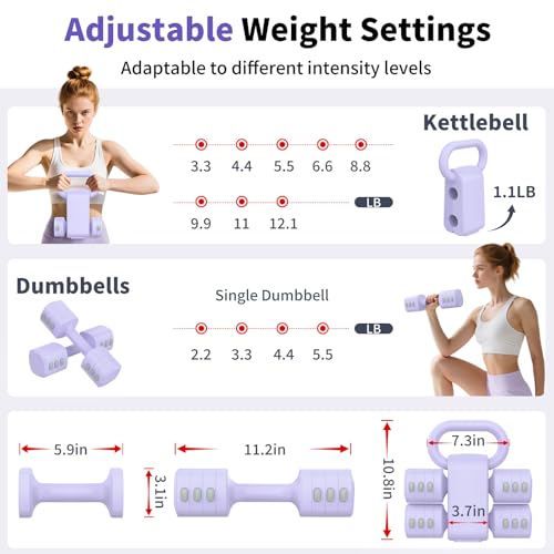 Hezeyferg 2-in-1 Adjustable Dumbbells Set, 4 Levels Weight Dumbbells Set for Women Men, Each 2.2/3.3/4.4/5.5lb Hand Weights with Kettlebell Form for Home Gym Exercise Training