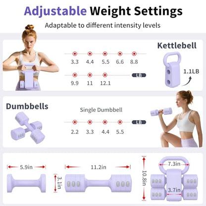 Hezeyferg 2-in-1 Adjustable Dumbbells Set, 4 Levels Weight Dumbbells Set for Women Men, Each 2.2/3.3/4.4/5.5lb Hand Weights with Kettlebell Form for Home Gym Exercise Training