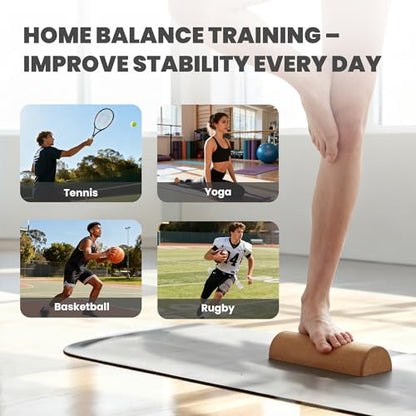 4-in-1 Cork Balance Board for Foot & Ankle Strength – Dual Half-Cylinder Trainer with Roller & Massage Ball – Non-Slip Natural Cork Stability Board for Mobility, Balance & Home Rehab Exercises