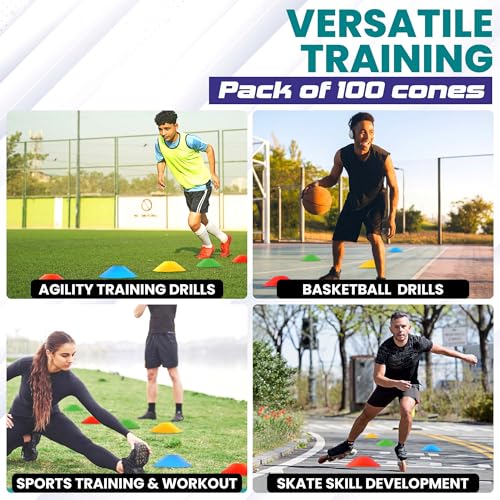 Soccer Cones 100/50/25 Pack with Carry Bag & Holder Five Colors | Agility Disc Cones Set for Training | Sports Practice Equipment for Soccer, Football, Basketball, Coaching & Speed