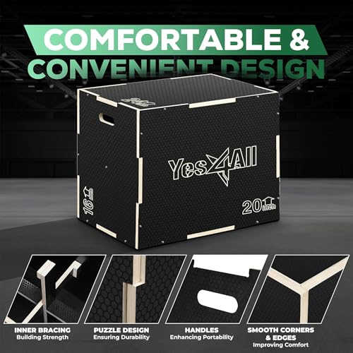 Yes4All 3 in 1 Non-Slip Wooden Plyo Box, Step Up Box for Workout, Plyometric Jump Box for Skipping, Jumping, Lunges, Squats, Dips - color: A. Black, style: 20" x 18" x 16"