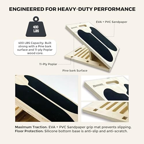 3-in-1 Adjustable Slant Board & Balance Board - Wooden Calf Stretcher and Squat Wedge - 5 Angle Incline Board for Stretching Equipment & Exercise - Includes Resistance Band - (400LBS)