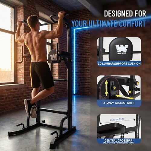 BARWING Pull Up Bar Station, Power Tower, Dip Station with 3D Backrest, Multi-Function Strength Training Stand Rack, Adjustable Height Dip Bar for Home Gym Workout Stand Fitness Exercise Equipment