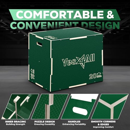 Yes4All 3 in 1 Non-Slip Wooden Plyo Box, Step Up Box for Workout, Plyometric Jump Box for Skipping, Jumping, Lunges, Squats, Dips