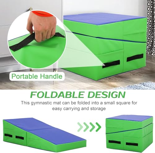 Folding Gymnastics Wedge Mat for Tumbling, Incline Exercise Mat with Handles – Yoga, Pilates & Martial Arts Training Mat for Home Gym, Durable Non-Slip Tumbling Mats for Fitness