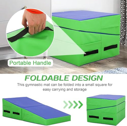 Folding Gymnastics Wedge Mat for Tumbling, Incline Exercise Mat with Handles – Yoga, Pilates & Martial Arts Training Mat for Home Gym, Durable Non-Slip Tumbling Mats for Fitness