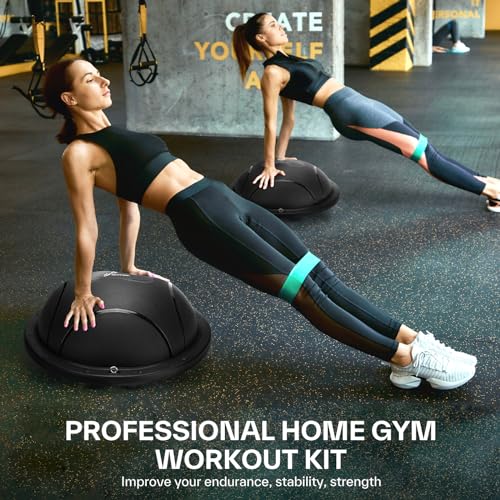 Sportneer Half Balance Ball - Inflatable Exercise Ball Trainer With Resistance Bands & Pump - Non-slip Yoga Ball for Stability, Core Training, Physical Therapy - Home Gym Equipment