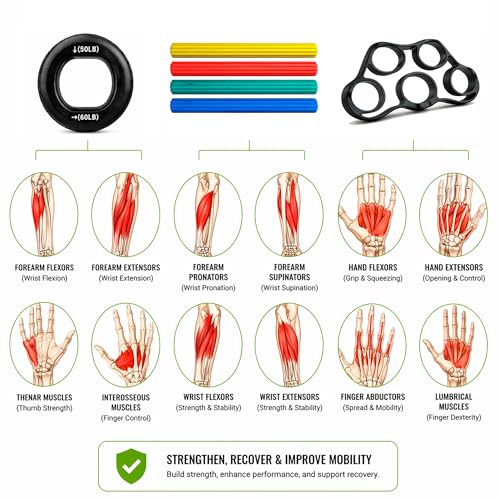 Flex Bars Training Kit with Hand Therapy Ring and Finger Exerciser - 4 Resistance Bars Set for Elbow Therapy and Grip Strength - Relieves Tennis Elbow Pain - Flex Bars for Physical Therapy