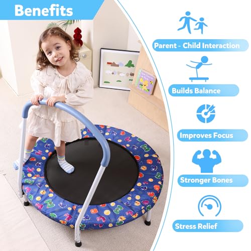 36"/55" Trampoline for Kids, Mini Toddler Trampolines Indoor with Basketball Hoop & Safety Enclosure Net, No-Gap Safe Desian for Boys Girls Ages 1-8 - color: Deep Blue, style: 36" with Handle
