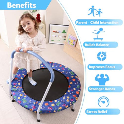 36"/55" Trampoline for Kids, Mini Toddler Trampolines Indoor with Basketball Hoop & Safety Enclosure Net, No-Gap Safe Desian for Boys Girls Ages 1-8 - color: Deep Blue, style: 36" with Handle