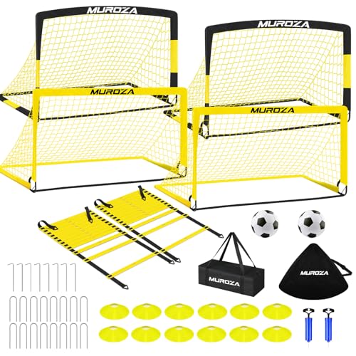 Kids Soccer Goals for Backyard Set, 2 Pack of 4x3 ft 6x4 ft Portable Pop Up Soccer Nets with Soccer Ball, Agility Ladder, Cones, Complete Training Equipment for Youth, Toddler Outdoor Sports Games