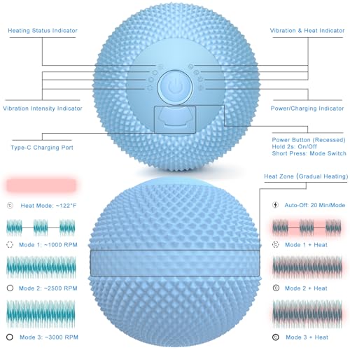 Vibrating Massage Ball with Heat, 7 Modes, Memory, Myofascial Release, Deep Tissue Muscle Recovery Ball for Trigger Point Massage - Mobility Ball Back & Hip Flexor Release Tool (Blue)