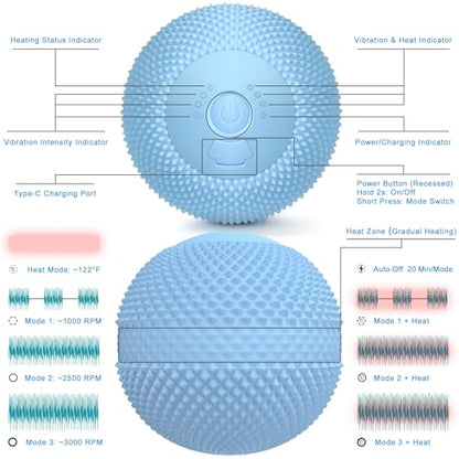 Vibrating Massage Ball with Heat, 7 Modes, Memory, Myofascial Release, Deep Tissue Muscle Recovery Ball for Trigger Point Massage - Mobility Ball Back & Hip Flexor Release Tool (Blue)