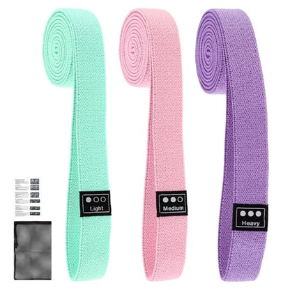 Fabric Resistance Bands - 3-Pack Set, Long Cloth Exercise Bands for Home Workout Strength Training, Yoga & Pilates | with Storage Bag - color: Pink, Green, Purple