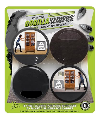 Slipstick GorillaSliders Premium Furniture Sliders for All Floor Surfaces (16 Piece Moving Kit) Reusable 3.5” Round Furniture Movers for Sliding Furniture on Hardwood & Carpet, Black, CB13-1-16