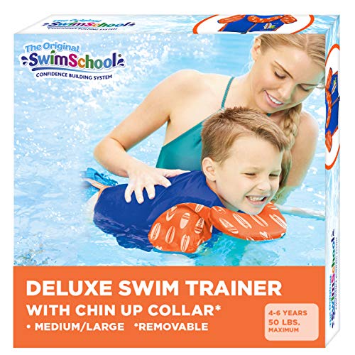 SwimSchool Kids Swim Trainer Vests for Toddlers Ages 2-6 – Boys/Girls – Multiple Colors/Styles – Learn to Swim Floaties - color: M/L Blue/Orange Swim Vest w/Chin-Up Collar