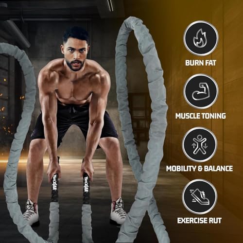 Yes4All Battle Ropes, Workout Rope with Cover, Steel Anchor & Strap Included, Heavy Ropes for Exercise Training - 1.5/2 Inch Diameter, 30, 40, 50 Ft Length