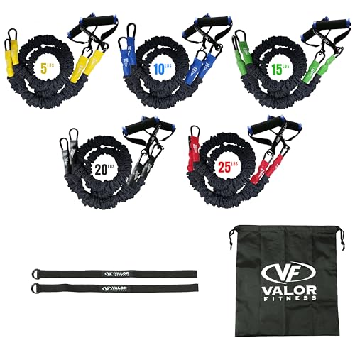 Valor Fitness Resistance Bands - 5lb to 25lbs - Carabiners Attached & 2 Bands per Weight Option with Handles– Sheath Covered - Strength Training New Compact 39" Design - Wall Door Rack Mount Options - color: Black -RTS-RACKattB