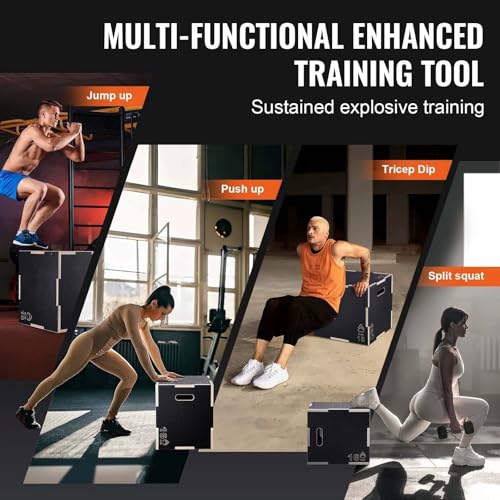 Plyometric Jump Box, 20/18/16 Inch Wooden Plyo Box - 3-in-1 Fitness Step Platform for Strength Training, Agility & Conditioning - Home Gym Equipment, Black