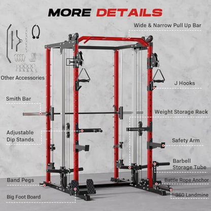 Smith Machine Home Gym, Multi-Function Power Cage with Dual Pulley Cable Crossover System, All-in-One Squat Rack with Smith Bar and Strength Training Attachments for Full-Body Workouts