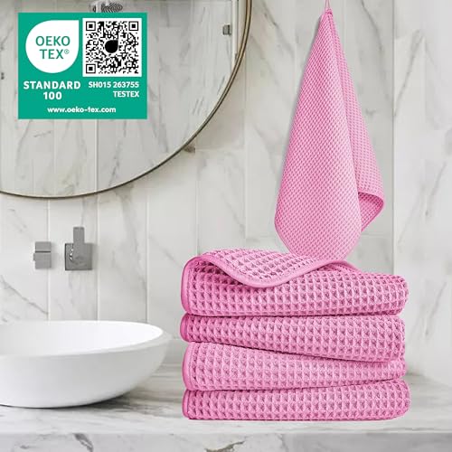 POLYTE 430 GSM Poly Blend Microfiber Quick Dry Waffle Hand Towel, 16x30 in - color: Pink