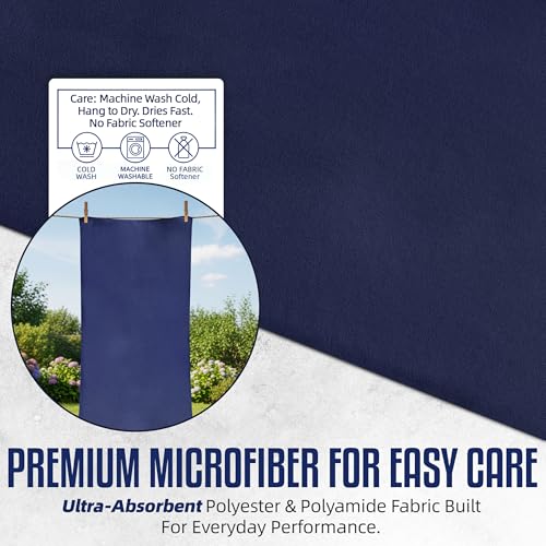 Hooded Microfiber Gym Towel – Highly Absorbent Car Seat Towel with Carry Bag – Double-Sided Sweat Towel, Reversible, Quick Dry & Sand-Resistant Fabric, Navy Blue, 130 x 60cm