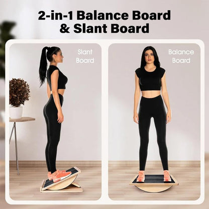 6-Angle Slant Board & Balance Board, 2-in-1 Wooden Mobility Board, Adjustable 40° Incline Stretch Board with Non-Slip Surface, Calf Stretcher and Ankle Balance Board for Adults, Squats, Stability Workouts