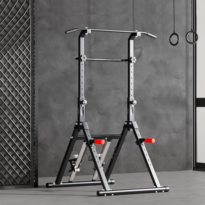 Power Tower Pull Up Station, soges Foldable Pull Up Bar Dip Station with Stair Stepper, Adjustable Free Standing Strength Training Equipment for Home Gym, Multi-Function Workout Tower