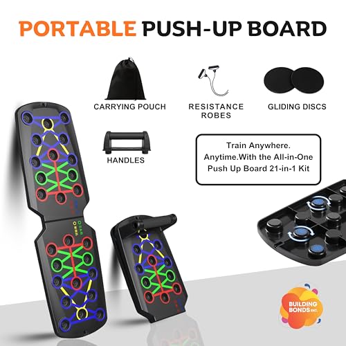 Push Up Board Fitness, Foldable 21-in-1 Pushup bar Home Workout Equipment – Multi-Functional Push Up Bar with Handles, Resistance Bands, Sliding Discs & Carry Bag – Heavy-Duty 330 lbs