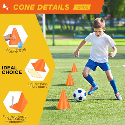 12pcs Cones 7 Inch Soccer Cones and Plastic Traffic Cones, Durable Cones for Sports Training, Ideal for Soccer, Basketball, Football, Skating, and Agility Drills Practice
