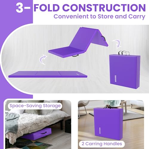 Fitvids Folding Exercise Gymnastics Mat for Tumbling, 2'x6'x2" Gym Workout Mat with Carrying Handles High-Density Anti-Tear Portable Fitness Aerobics Mats for Home Gym Yoga Pilates MMA Core Training