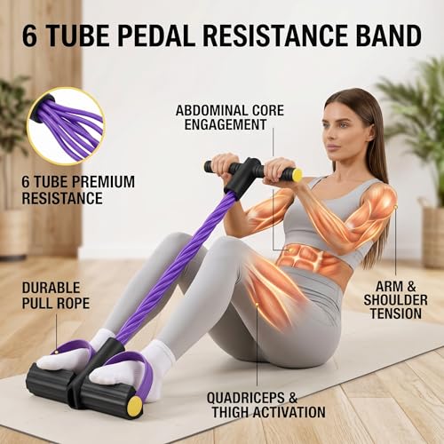 Pedal Resistance Bands with Handles, 6-Tube Sit Up Pull Rope Resistance Trainer, Natural Latex Foot Pedal Exercise Bands for Full Body Workout, Home Fitness Training, Waist, Arms & Legs (Purple)