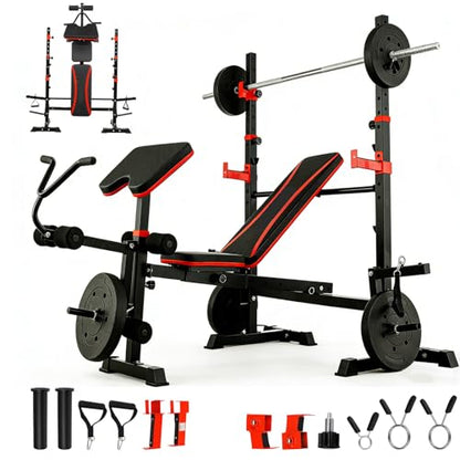 1500LB 8 IN 1 Olympic Weight Bench with Lat Pulldown and Leg Extension/Curl, Foldable Bench Press with Preacher Curl & Squat Rack, Workout Benches with Safety Bar Catches for Home Gym(US Stock) - color: red dark
